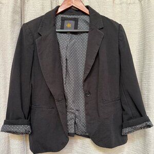 Black Blazer Size M - 3/4 Sleeve Single Button Tailored Jacket with Geometric Pr